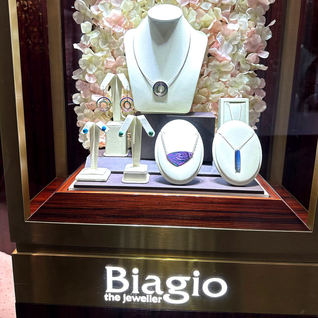 Jewellery shop window with Ti2 Titanium jewellery on show.
